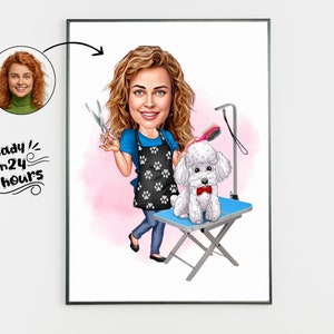 Portrait de dessin animé de toiletteur pour animaux de compagnie à partir de la photo, cadeau de toiletteur drôle pour femme, dessin de caricature de toiletteur pour animaux de compagnie, art numérique de toiletteur de chien