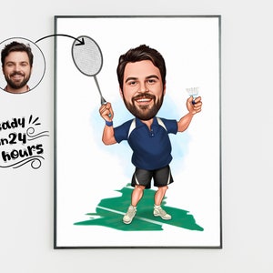 Custom Badminton Player Cartoon Portrait, Badminton Caricature, Gift for Badminton Player, Badminton Cartoon, Custom Caricature from Photo