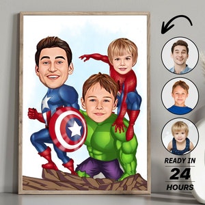 Retrato de caricatura de superhéroe personalizado de papá y dos hijos, retrato de caricatura de superhéroe personalizado, regalo para papá, superpapá, foto de niños superhéroes