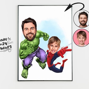 May include: A digital illustration of a father and son dressed as superheroes. The father is dressed as the Hulk, with green skin and purple trousers. The son is dressed as Spiderman, with a red and blue suit. The illustration is in a cartoon style.
