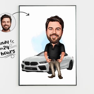 Personalized Male Cartoon Portrait, Men Caricature, Car Lover Gift, Custom Caricature, Father's Day Gift, Car Lover, Caricature from Photo