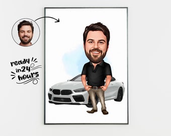Retrato personalizado de un amante de los coches, caricatura personalizada para hombre (digital)