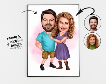 Custom Couple Caricature Portrait, Anniversary Gift (Digital Download)