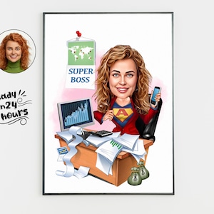 Custom Female Super Boss Cartoon Portrait, Boss Portrait, Gifts for Boss, Boss Caricature, Boss Lady Cartoon, Funny Boss Lady Caricature