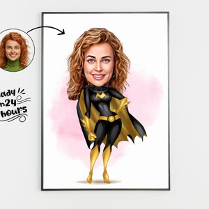 Custom Super Woman Cartoon Portrait, Woman Portrait, Woman Gift, Super Woman Caricature, Superhero Caricature Drawing, Caricature from Photo
