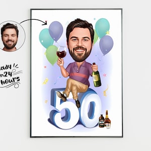 50歳の誕生日、特別な日の似顔絵、写真から漫画、女の子、女性、男性、男の子、男性への誕生日プレゼント、写真からの似顔絵