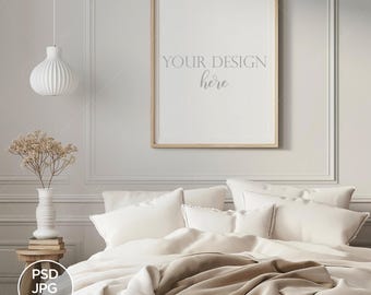 Vertical Frame Mockup, Bedroom Scene, A2 Wood Frame (PSD, JPEG, PNG)