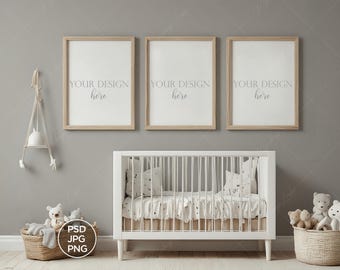 Nursery 3 Frame Mockup: Modern Wall Art Display (Digital Download)