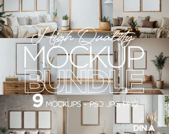 DIN A Mockup-ram, bunt med 9 träramar, rammockup, konstverkmockup, rammockup, konsttryckmockup