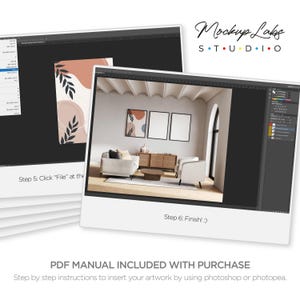 May include: A mockup of a living room interior with two framed posters on the wall. The posters are blank and ready for your artwork. The room is decorated in a modern style with a sofa, two chairs, a coffee table, and a rug.