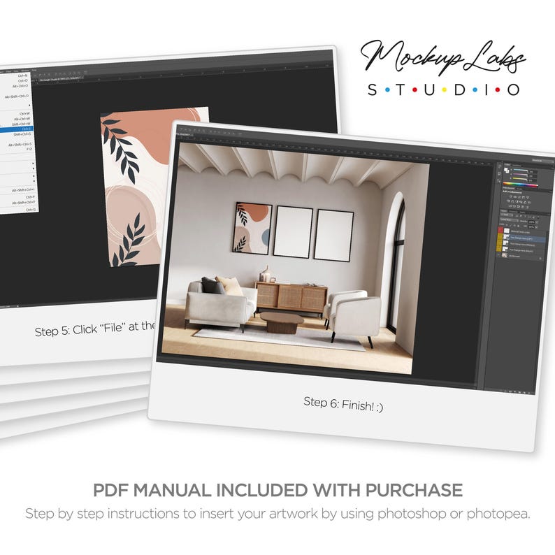 May include: A mockup of a living room interior with two framed posters on the wall. The posters are blank and ready for your artwork. The room is decorated in a modern style with a sofa, two chairs, a coffee table, and a rug.