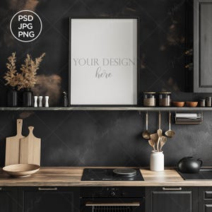 11x14 Küche Interieur schwarzer Rahmen Mockup, vertikales Poster Mockup, Rahmen auf der Küchentheke, Druckvorlage, dunkles Innenküchenmodell