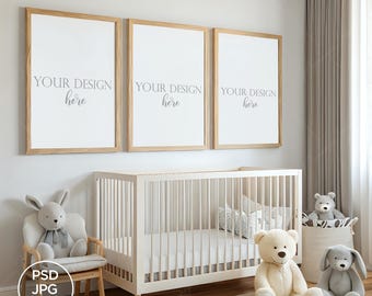 Nursery Frame Mockup: A4 Triple Frames, Modern Interior (Digital Download)