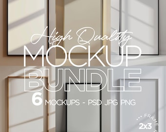 Puede incluir: Un paquete de maquetas de seis marcos en diferentes colores y estilos. Los marcos están vacíos y listos para su diseño. El texto "High Quality Mockup Bundle 6 Mockups - PSD JPG PNG" se muestra en la imagen.