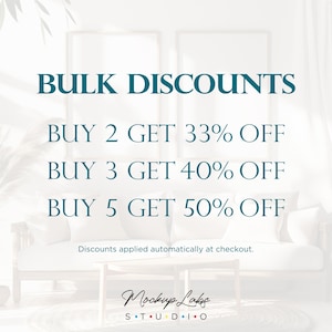May include: A white background with teal text that reads "BULK DISCOUNTS" and lists discounts for buying 2, 3, or 5 items. The text "Discounts applied automatically at checkout." is below the discount list. The text "Mockup Labs STUDIO" is at the bottom of the image.