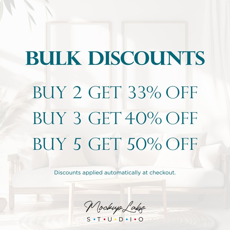 May include: A white background with teal text that reads "BULK DISCOUNTS" and lists discounts for buying 2, 3, or 5 items. The text "Discounts applied automatically at checkout." is below the discount list. The text "Mockup Labs STUDIO" is at the bottom of the image.