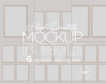 Puede incluir: Un paquete de maquetas con múltiples impresiones artísticas enmarcadas con marcos de madera clara. La imagen incluye el texto "High Quality Mockup Bundle" y "6 Mockups - PSD JPG PNG". Los marcos están dispuestos en un patrón de cuadrícula.