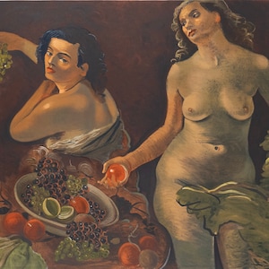 May include: A painting of two nude figures, one seated and one standing, with a bowl of fruit in the foreground. The seated figure is holding a bunch of grapes, while the standing figure is holding a red apple. The painting is done in a realistic style with muted colors.