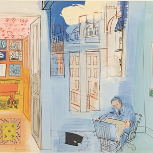 May include: A watercolor painting depicting a man sitting in a chair in a room with a window overlooking a city street. The room has a pink and floral wallpaper, a wooden door, and a rug on the floor. The man is wearing a blue suit and is holding a piece of paper. The painting is signed "Rouault" in the lower left corner.