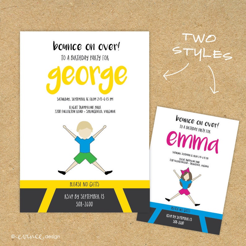 Cute PRINTED Trampoline Bounce Jump Play Party Birthday Invitation Girl Boy Invite
