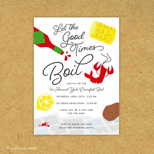 Cute PRINTED Crawfish Boil Invitation Let the Good Times Boil: Birthday Shower Party Summer Spring Louisiana Country Corn Potatoes Lemons