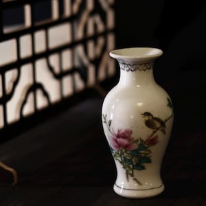 1970s Vintage Chinese Porcelain Floral Vase with Bird and Chinese Calligraphy, Ceramics, Pottery,Chinese Antiques