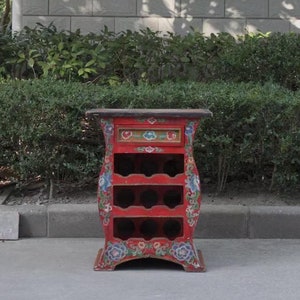 1940s Chinese Elmwood Wine Cabinet: Hand-Painted Floral Bar