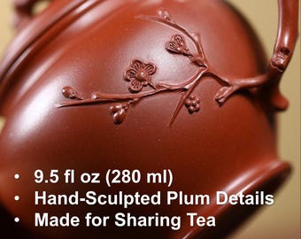 Plum Blossom Chinese Yixing Zisha Teapot: 9.5 fl oz (280 ml) Zhuni(Red) Clay, Sculpted Branch Details, Purple Clay Gongfu Tea Pot