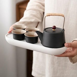 Juego de té portátil Gongfu con estuche / Tetera y tazas de cerámica negra Wabi Sabi japonesa, kit de viaje