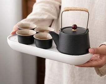 Portable Gongfu Tea Set with Case | Japanese Wabi Sabi Black Ceramic Teapot & Cups, Travel Tea Kit