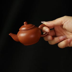May include: A small, round, terracotta-colored teapot with a smooth matte finish. The teapot features a short, curved spout, a rounded handle, and a matching lid with a small knob on top. The design is simple, compact, and functional.