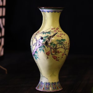 1930er Jahre Chinesische Porzellan Vase: Handgemalte Elster & Bambus
