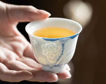 Hand-Painted Blue & White Linglong Porcelain Tea Cup : 40-50ml Lotus and Bamboo Gongfu Teacup | Chinese Jingdezhen Style, Underglaze Blue