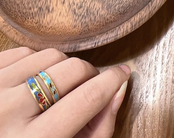 1980s Vintage Jingtailan Cloisonné Ring | Brass Enamel Ring: Brass Band Ring, Stackable Vintage Jewelry, Boho Ethnic Style