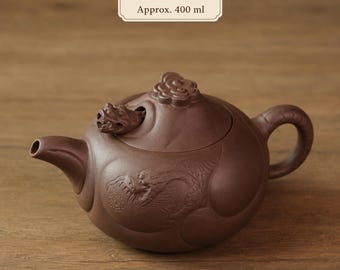 ヴィンテージ宜興紫砂「魚花龍（魚から龍へ）」龍の頭と舌が動くデザイン、手彫り紫砂、SA-YX-V010/V011