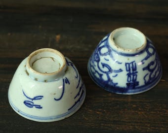 アンティークの希少な中国製青白磁茶碗：清朝末期／民国時代の手描き茶碗
