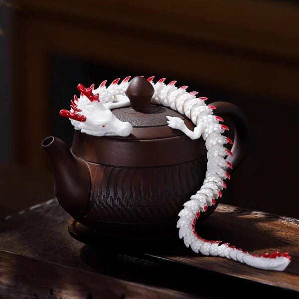 3D Printed Porcelain Articulated Dragon Tea Pet:  Chinese Ceramic Loong Figurine, Zen Gongfu Tea Tray Accessory, Desk Decor & Gift