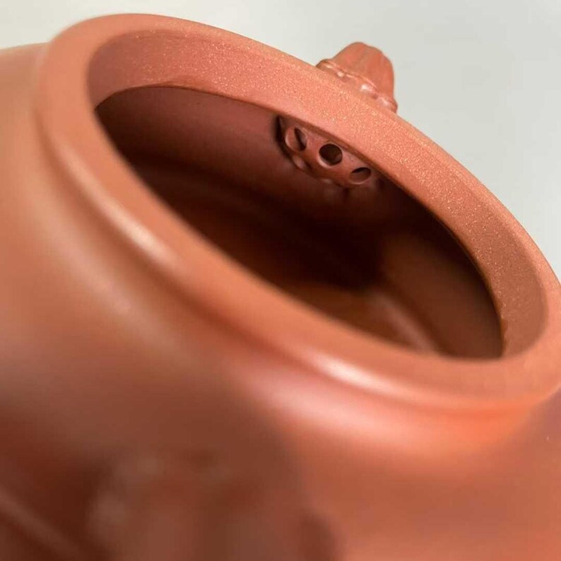 May include: A close-up view of the interior of a terracotta-colored clay teapot, showing the smooth, matte texture of the vessel's rim and the multi-holed filter integrated into the inner wall near the opening, with a small decorative handle detail.