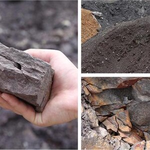May include: A close-up of a hand holding a gray rock with a crack. The rock is rough and textured. Additional images show dark gray soil and a close-up of a rock formation with orange and gray hues.