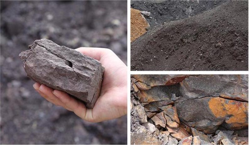 May include: A close-up of a hand holding a gray rock with a crack. The rock is rough and textured. Additional images show dark gray soil and a close-up of a rock formation with orange and gray hues.
