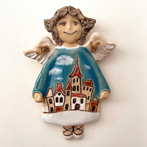 Ceramic Angel Wall Decor, Pottery Angel Wall Sculpture, Guardian Angel, Wall Hanging