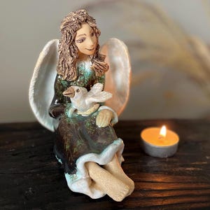 Ceramic Sculpture, Angel with Bird, Handmade Clay Angel Figurine, Female Ceramic Figurine, one of a kind Pottery Gift