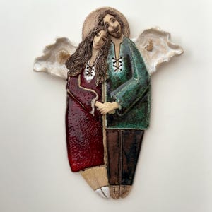 Handmade Ceramic Wall Art – Couple Angel Sculpture – Romantic Clay Wall Hanging – Rustic Tile Decor – Guardian Angels Gift – Wall Plaque
