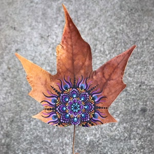 May include: A brown maple leaf with a painted purple, blue, and orange mandala design.