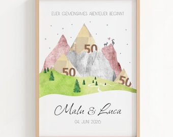 Gepersonaliseerd huwelijksgeschenk in de vorm van geld met een bergmotief – Creatieve printbare sjabloon voor een huwelijksgeschenk in de vorm van geld (A4) | Huwelijksgeschenk voor het bruidspaar
