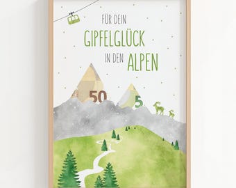 Regalo en efectivo para aventureros | Senderismo, Alpes, montaña, vacaciones, cumpleaños - Imprimible en formato A4 | Regalo DIY | Descarga digital