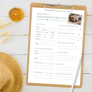 Puede incluir: Una lista de verificación imprimible para el cuidado de gatos, con secciones para la información del gato, sus alimentos favoritos, sus productos favoritos, su veterinario favorito y más.