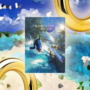 May include: A rectangular card featuring the text "BASIC LAND ISLAND" and an illustration of an orca in the ocean. The background shows a rainbow, palm trees, and a bridge. The Japanese text "エメラルドコースト" is at the bottom.