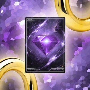 May include: A rectangular card featuring a purple diamond design. The card is labelled "SWAMP" and "BASE LAND - SWAMP". The background is a mosaic of purple and white shapes, with two gold rings in the foreground.