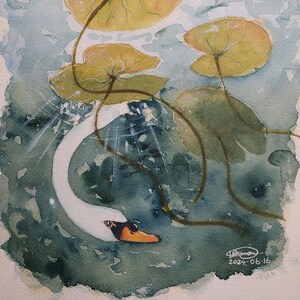 Swan Painting For Home Decor Fish Pond Painting Wall Art Original For Gift Watercolour Painting Present Wildlife Painting Pond Painting
